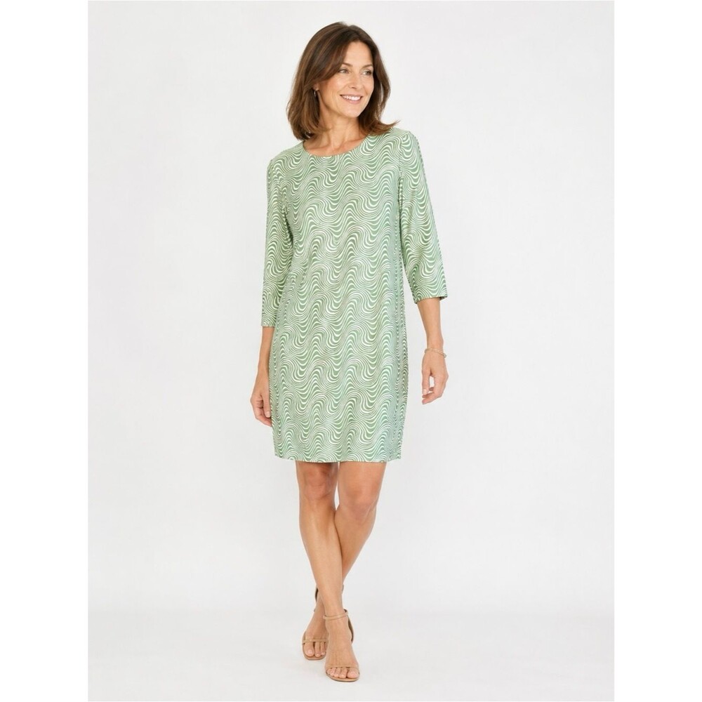 J. McLaughlin Mint Wave-Print Catalina Knit 3/4 Sleeve Stretch Dress